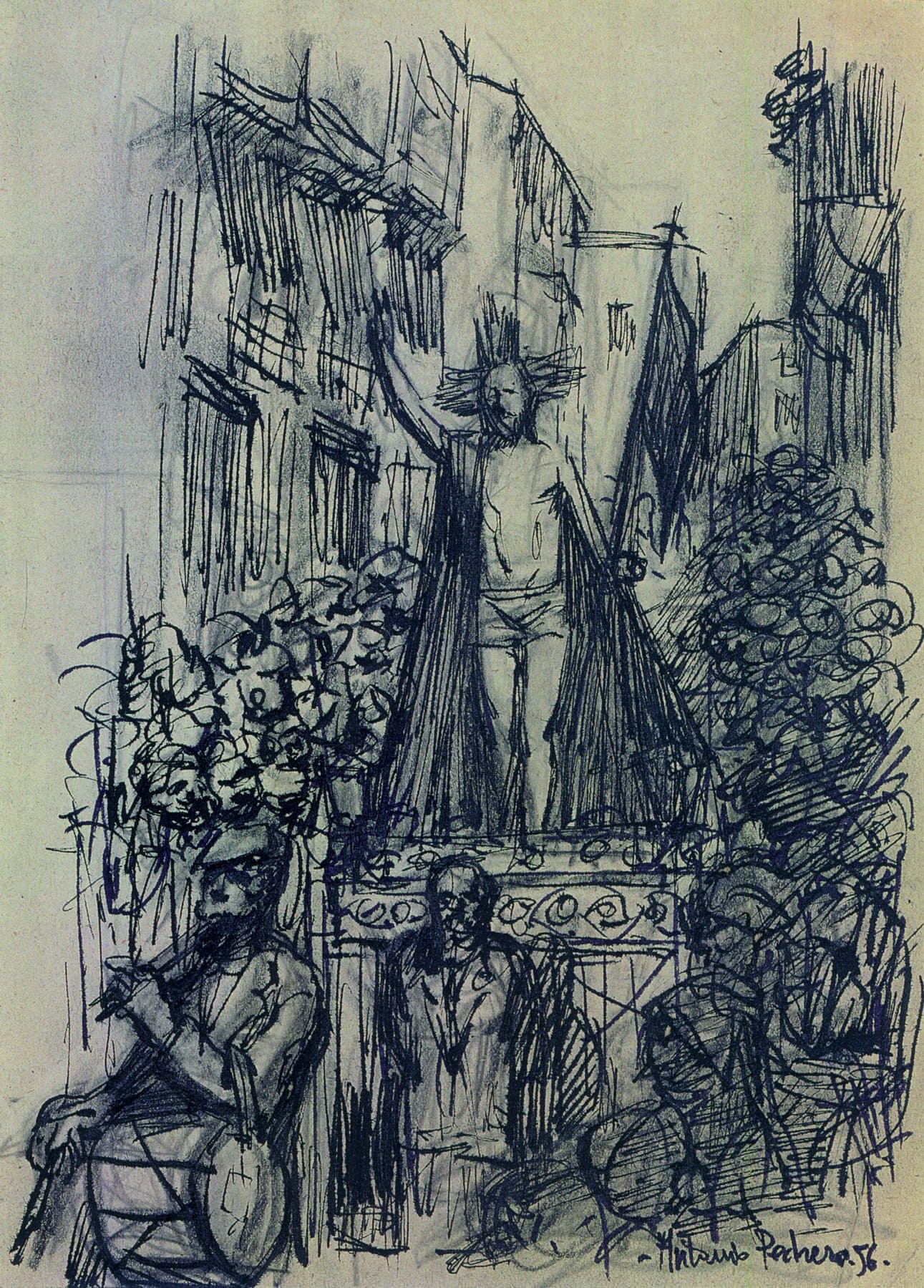 La procesión baja por Balborraz, dibujo a tinta de Antonio Pedrero
