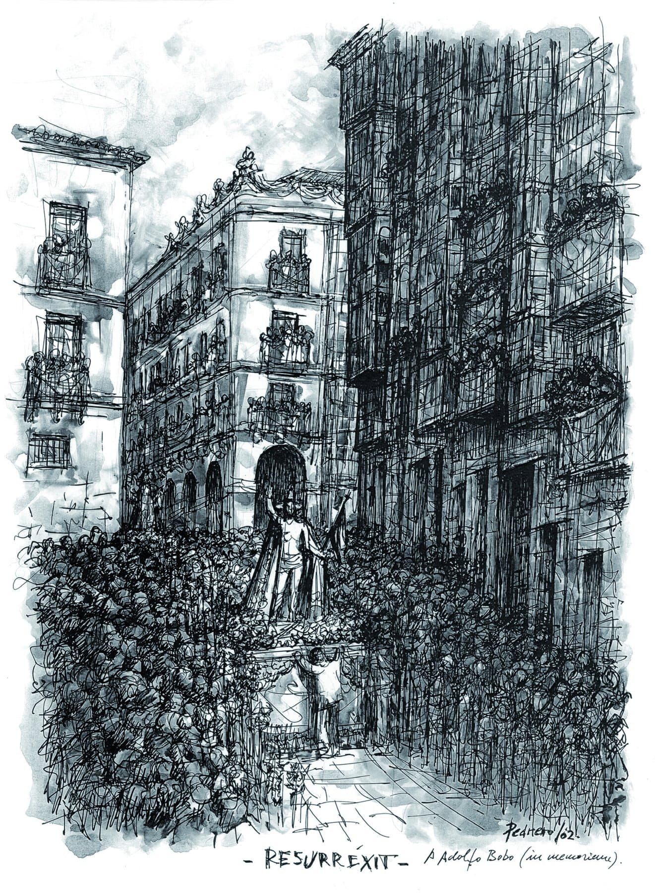 Resurrexit, dibujo a tinta de Antonio Pedrero, dedicado a Adolfo Bobo