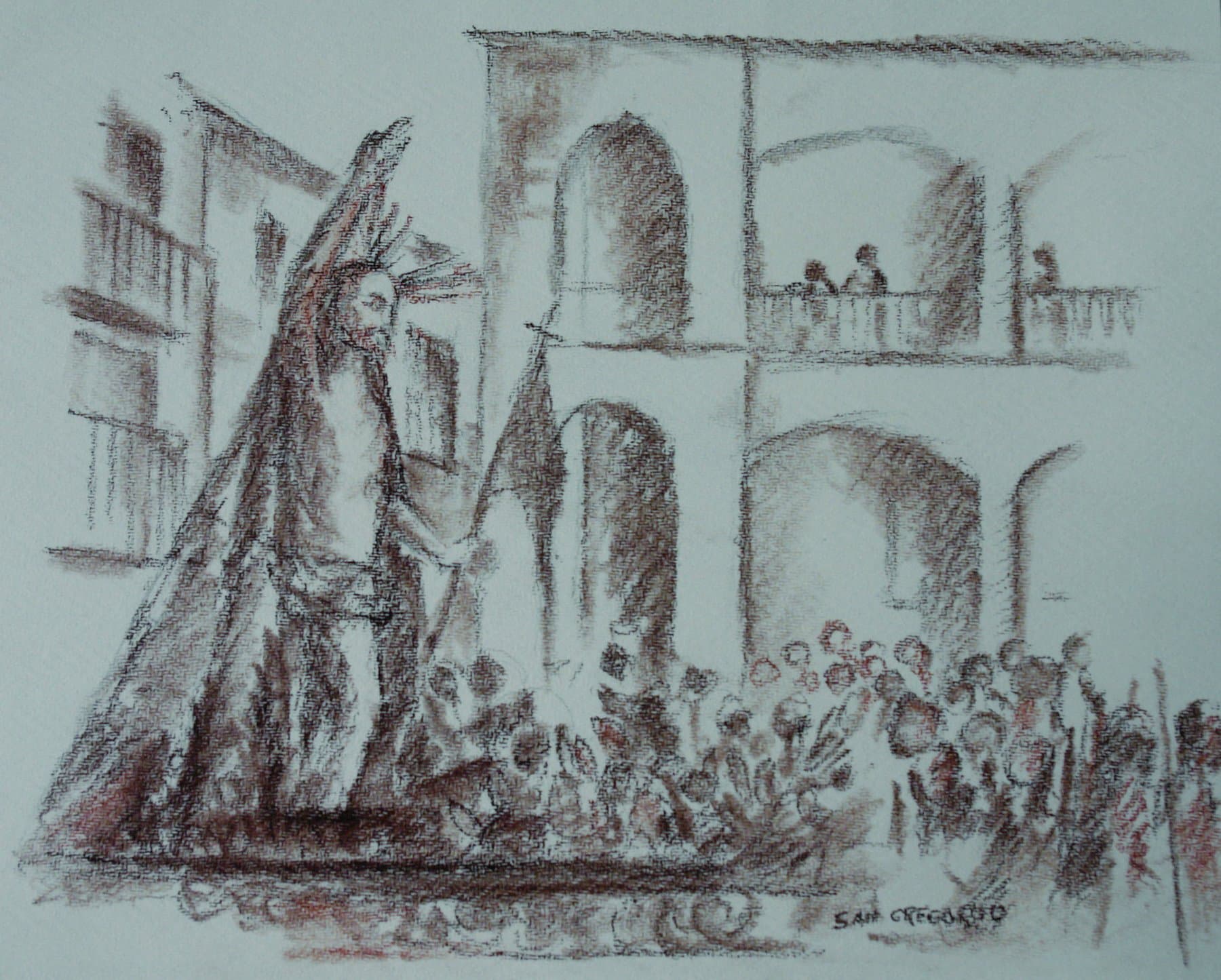 El Cristo Resucitado en la Plaza Mayor, dibujo en conté sepia de Carlos San Gregorio