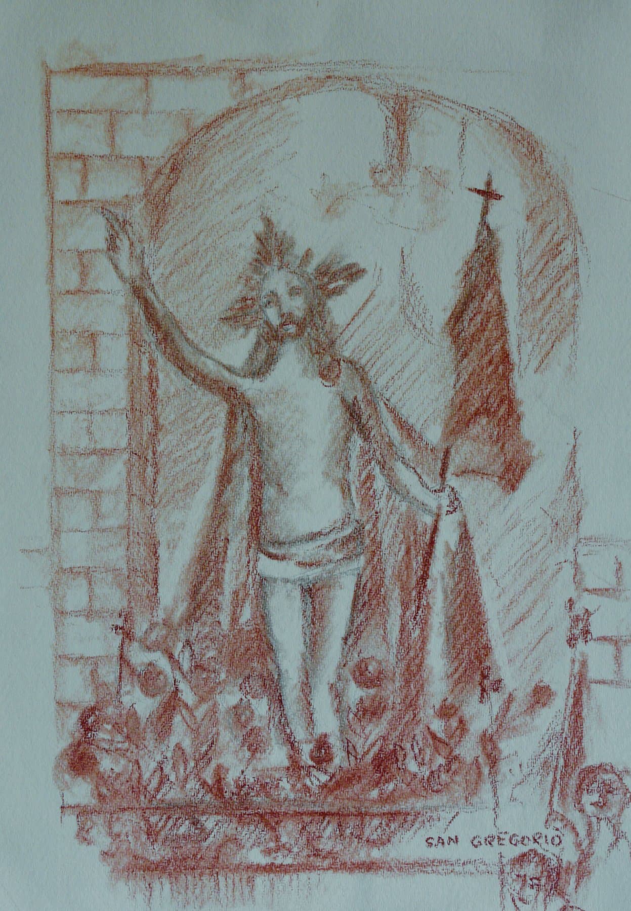 El Cristo sale de la iglesia de la Horta, dibujo en conté sepia de Carlos San Gregorio
